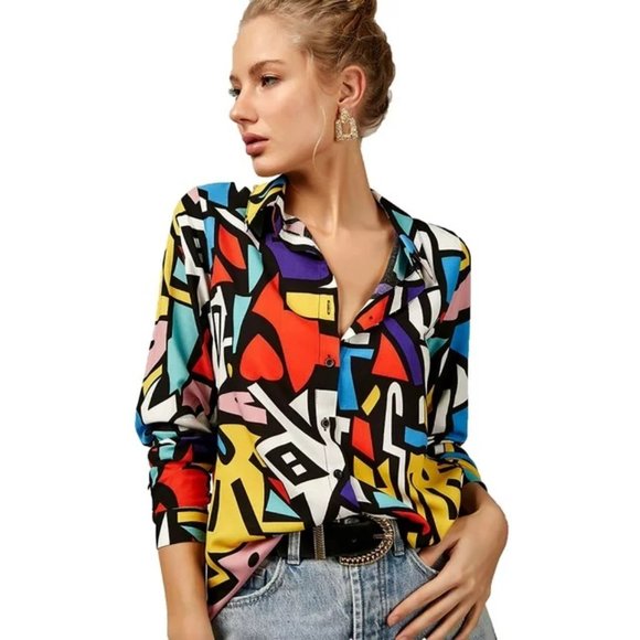 Big Dart Tops - BIG DART Bright & Bold Geometric Button Front Blouse Shirt NWOT